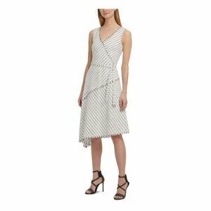 DKNY Women's‎ Sleeveless Striped Black/White Asymmetrical Midi V-Neck Dress SZ 6